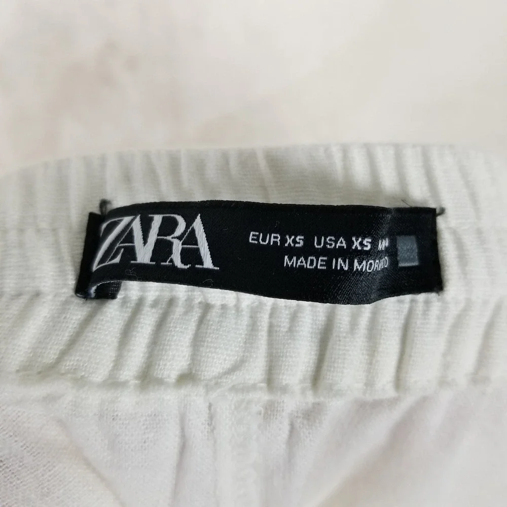 Zara Linen Blend Pants Womens XS White Elastic Waist Tie Hem Casual Trousers